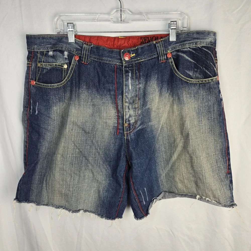 Vtg Y2K Massive Revolution Jean Cutoff Shorts Mens 40 Distress Baggy Embroidered